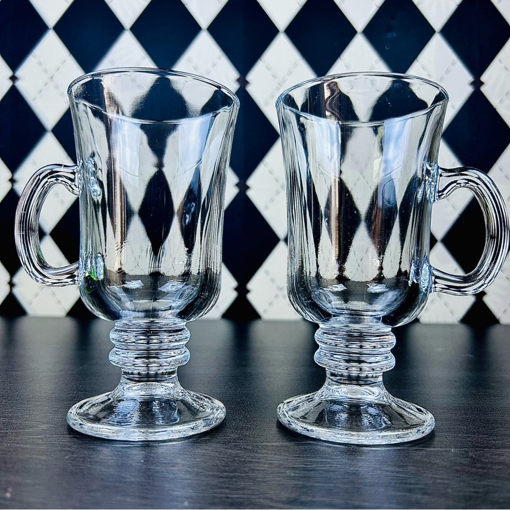 Pair Pedestal Glass Coffee Mugs with Faceted Body And Handle - Picture 5 of 9